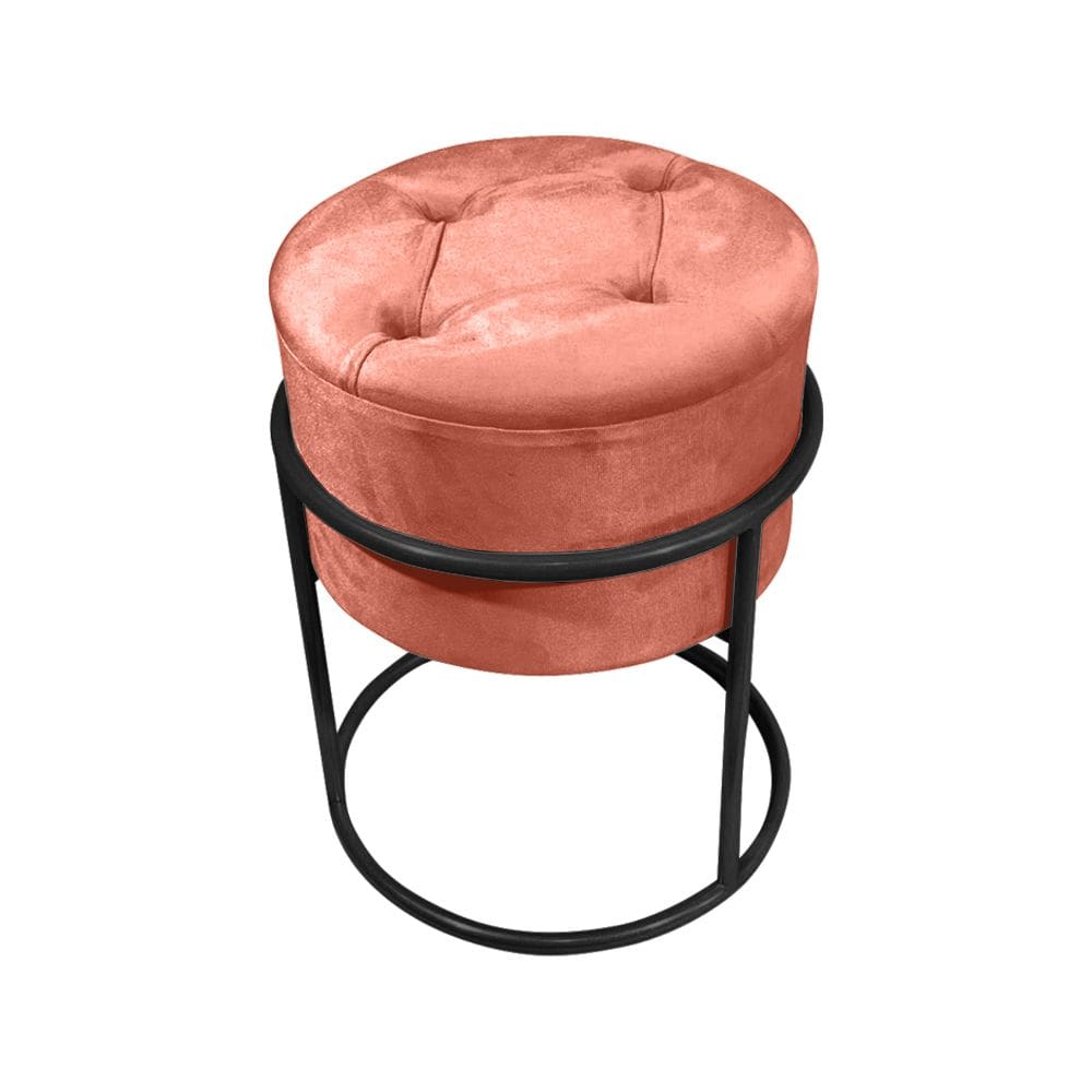 Puff Decorativo Redondo com Capitonê Base de Ferro Preta Tecido Veludo Rosê