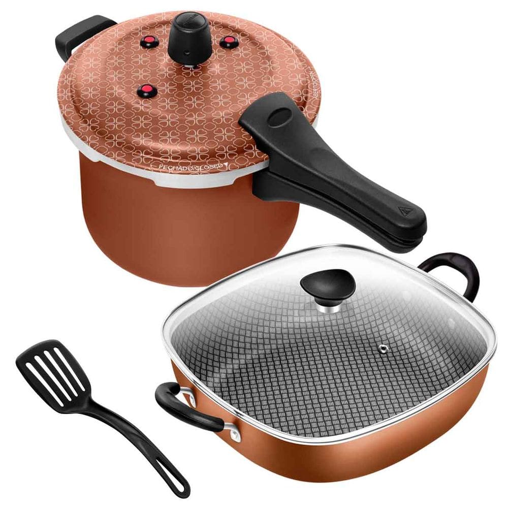 Jogo Frigideira Quadrada 2 Alças N°29 Antiaderente + Panela Pressão Fechamento Externo 5L Cobre