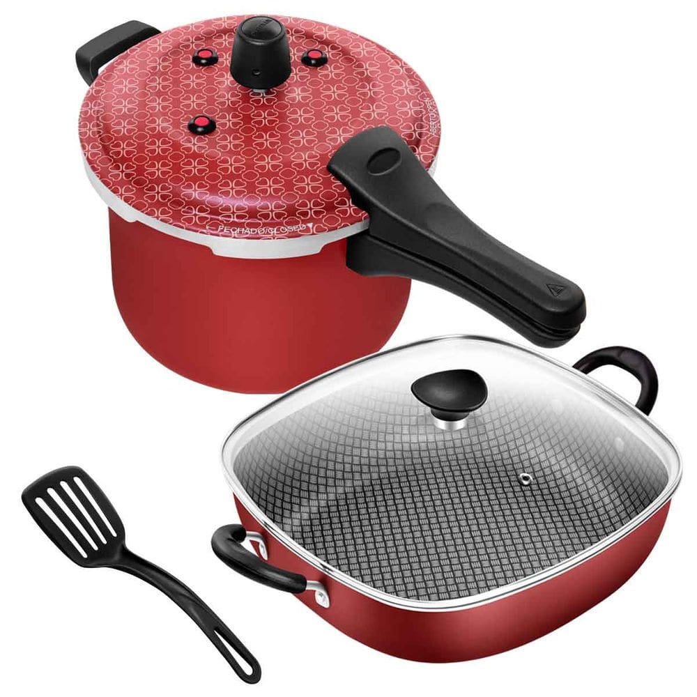 Jogo Frigideira Quadrada 2 Alças N°29 Antiaderente + Panela Pressão Fechamento Externo 5L Vermelho