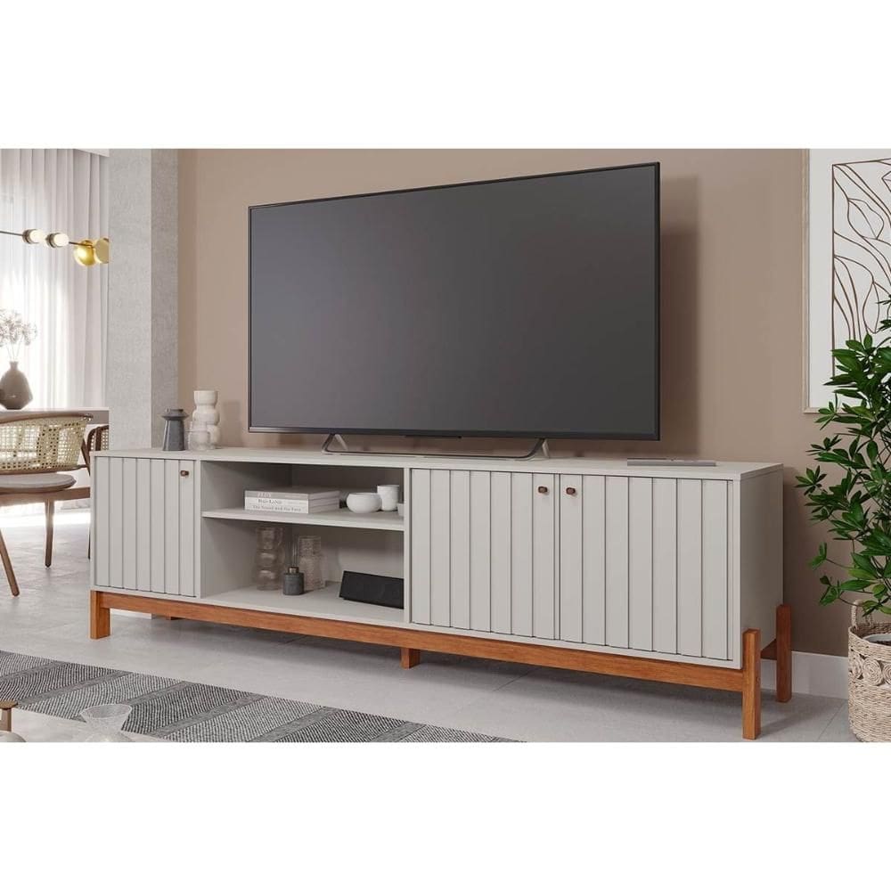 Rack Bancada p/TV até 70 pol Holanda 100% MDF c/ Nichos e Pés 205cm Off White/Cinamomo - Permóbili