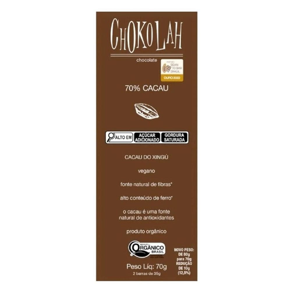 Chocolate 70% Cacau Açúcar Demerara Orgânico Chokolah 70G