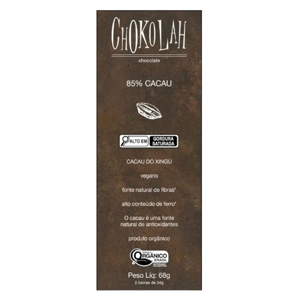 Chocolate 85% Cacau Açúcar Demerara Orgânico Chokolah 68G
