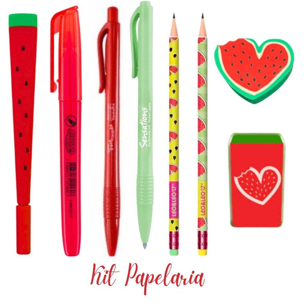 Kit Papelaria Fofa Melancia Kawaii Lapis Borracha Apontador