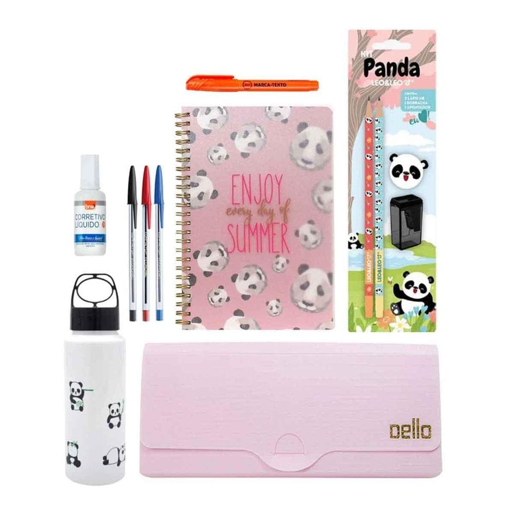 Kit Papelaria Panda Escolar Escritorio Caderneta Garrafa
