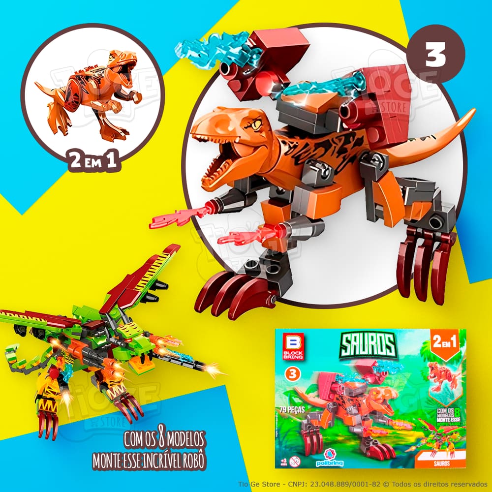 Blocos de Montar e Desmontar (Nº 3) Dinossauro Tiranossauro Rex 2 em 1 Robô Transformers Sauros Block Brinq 79 Peças