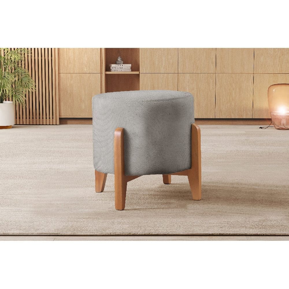 Puff Redondo para Sala Pé de Madeira Linho Cinza