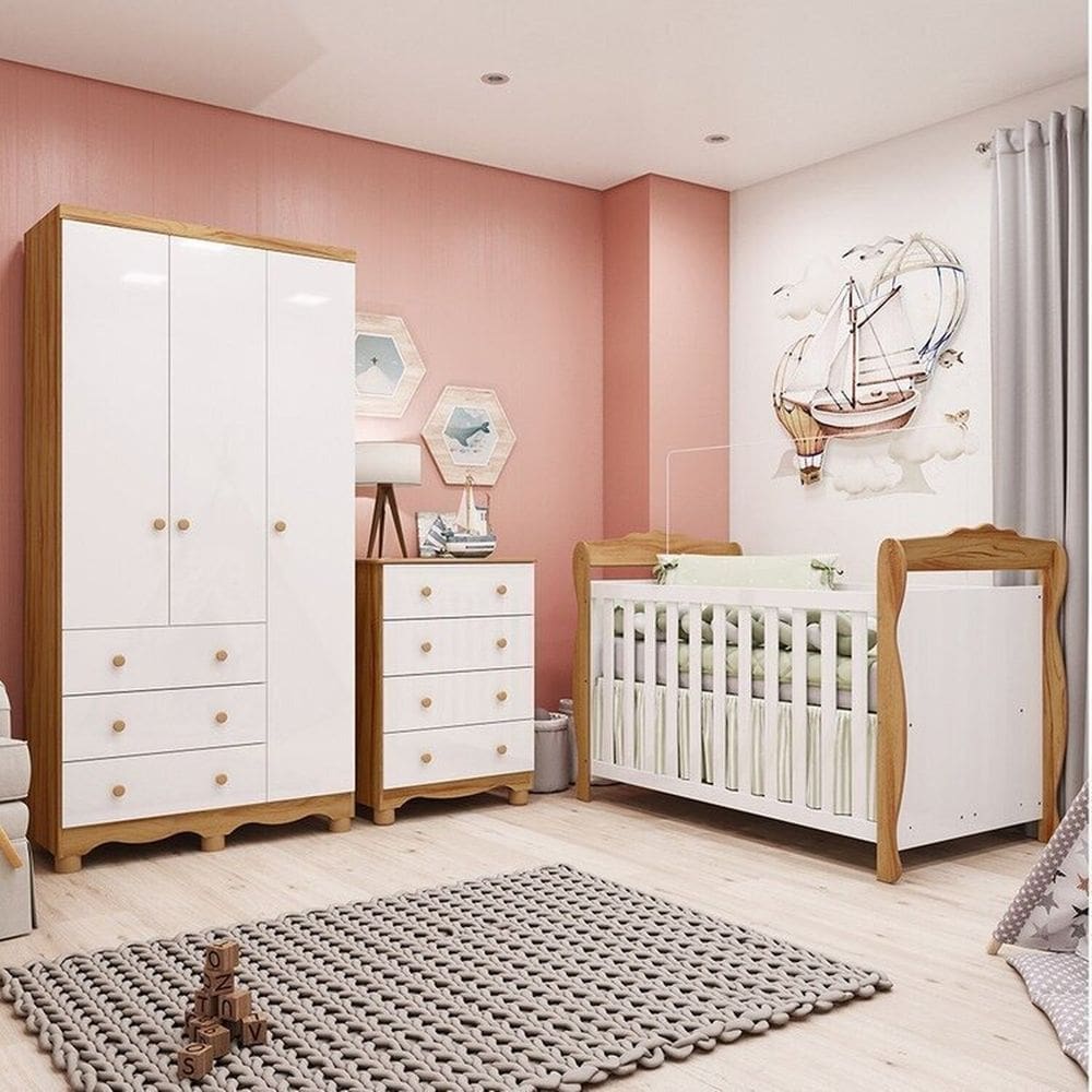 Quarto de Bebê Completo com Guarda-roupa 3 Portas e Cômoda e Berço Nina 100% Mdf Espresso Móveis Branco Brilho/Amêndoa