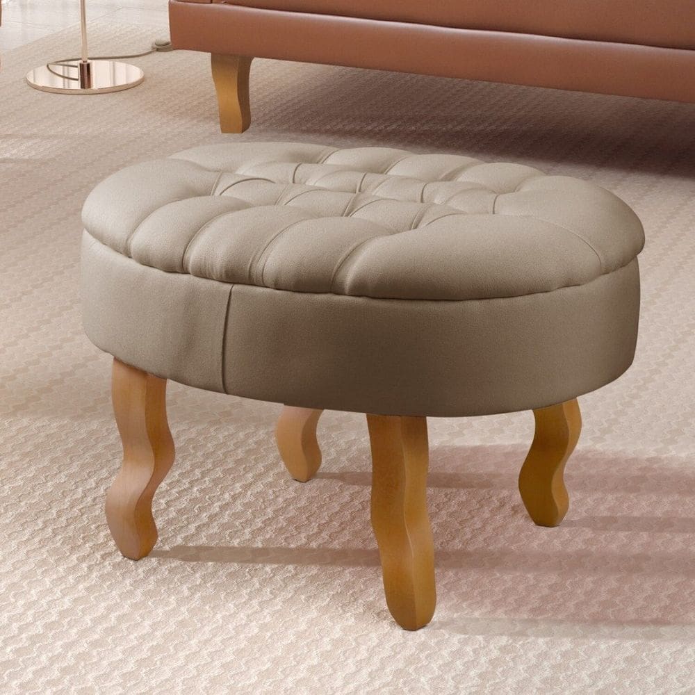 Puff Elizabeth Estilo Clássico Chesterfield Linho Bege