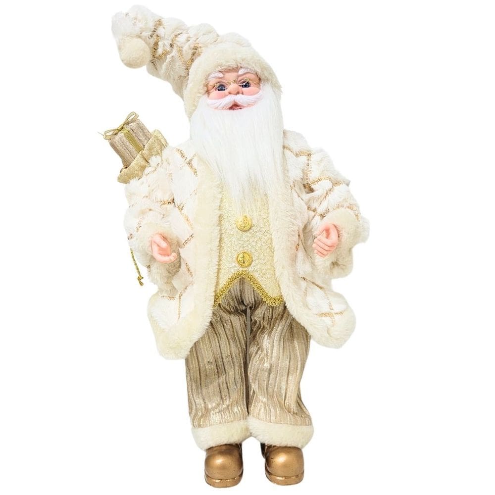 Papai Noel Decorativo Casaco Pelúcia Luxo Branco e Dourado 50cm - Noel Decor