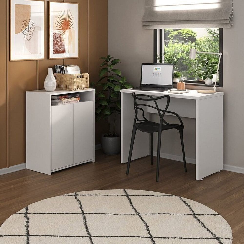 Kit 2 Peças com Escrivaninha Minimalista e Compacta Mary e Balcão Multiuso 2 Portas com Nicho Cool Branco