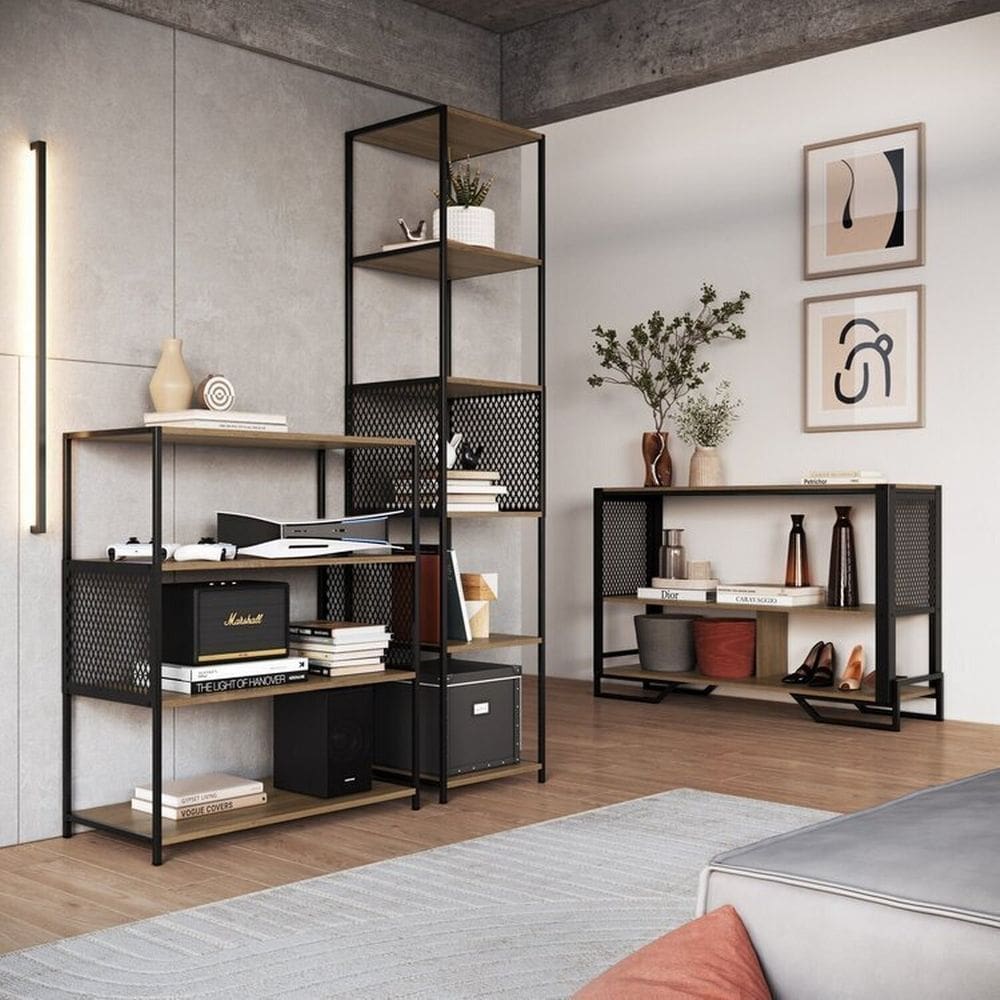 Sala de Estar Completa com 3 Itens Estante Media Telada, Aparador Telado e e Estante Média Telada Preto / Mel