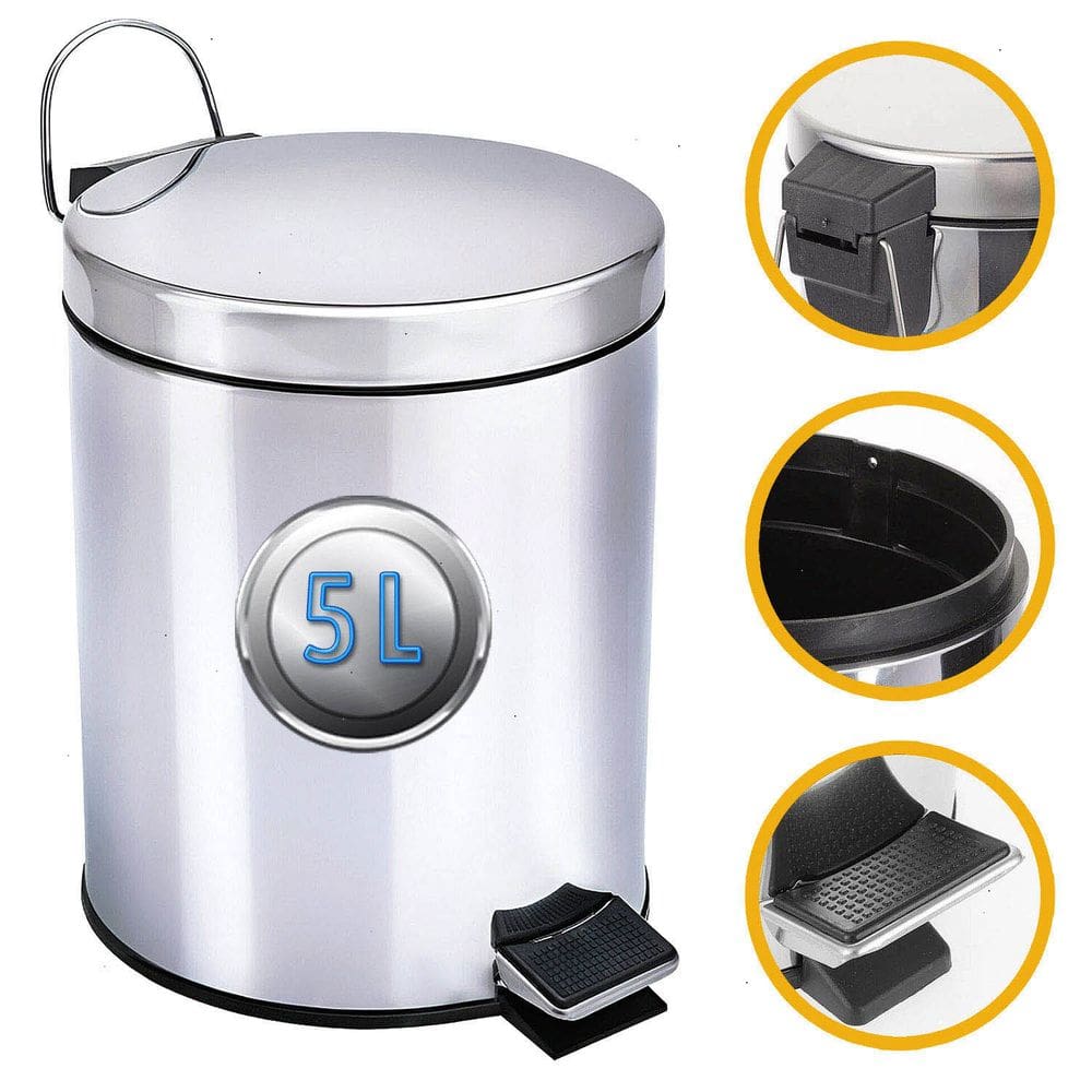 Lixeira Cesto Inox Com Tampa E Pedal 5Lts Casa Escritório Com Balde Interno