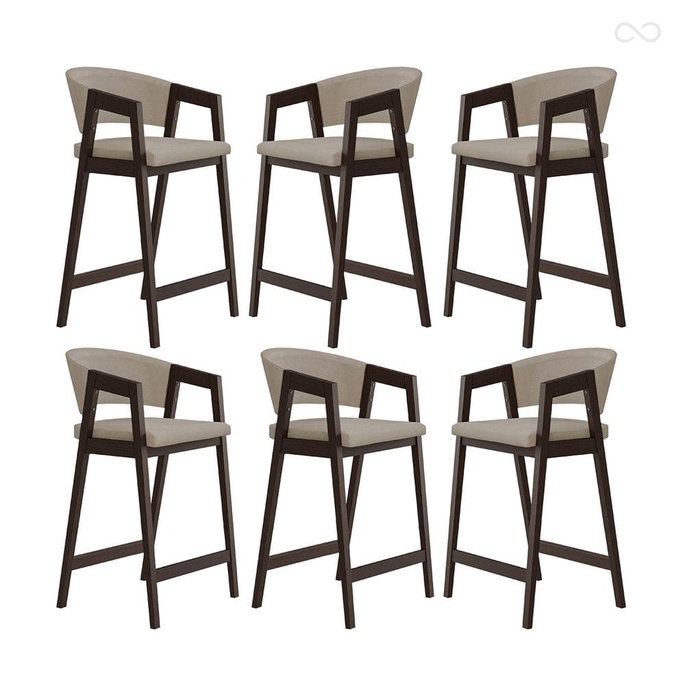 Kit 6 Banquetas Alta para Cozinha Ravena em Madeira Maciça Capuccino Suede Bege CCS