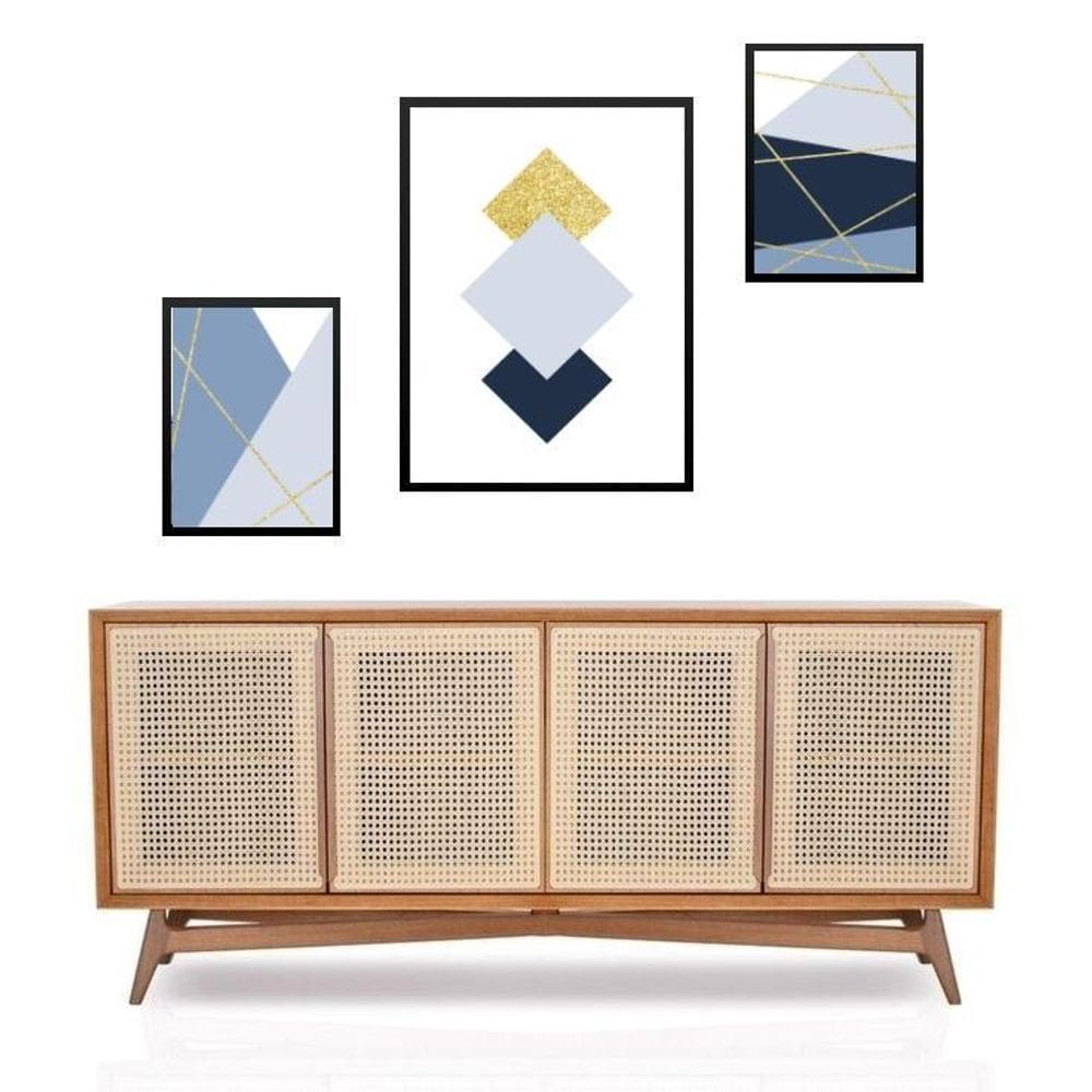 Set 3 Quadros Geométricos Azul E Dourado