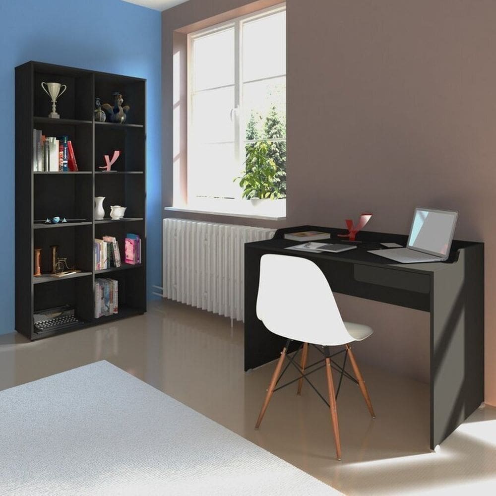 Kit 2 Peças com Escrivaninha Minimalista e Moderna e Estante Multiuso com 10 Nichos Organizadores Preto