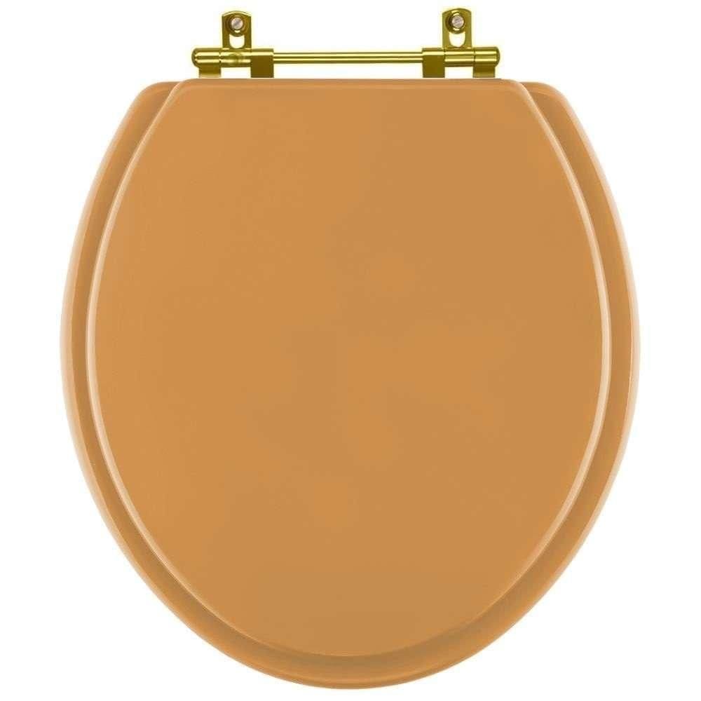 Assento Sanitario Poliéster Convencional Universal Oval Amarelo Terra com Ferragem Dourada