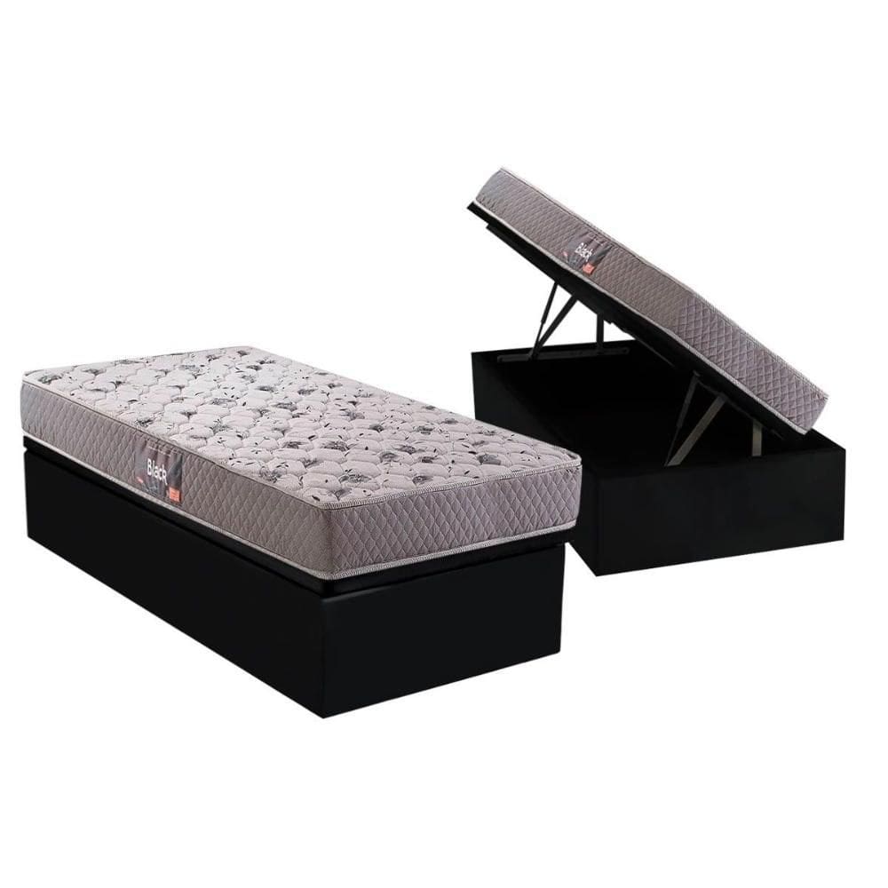 Cama Box Baú Solteiro: Colchão Espuma D45 Herval / AG65 Black Double Face + Base CRC Suede Black(88x188)