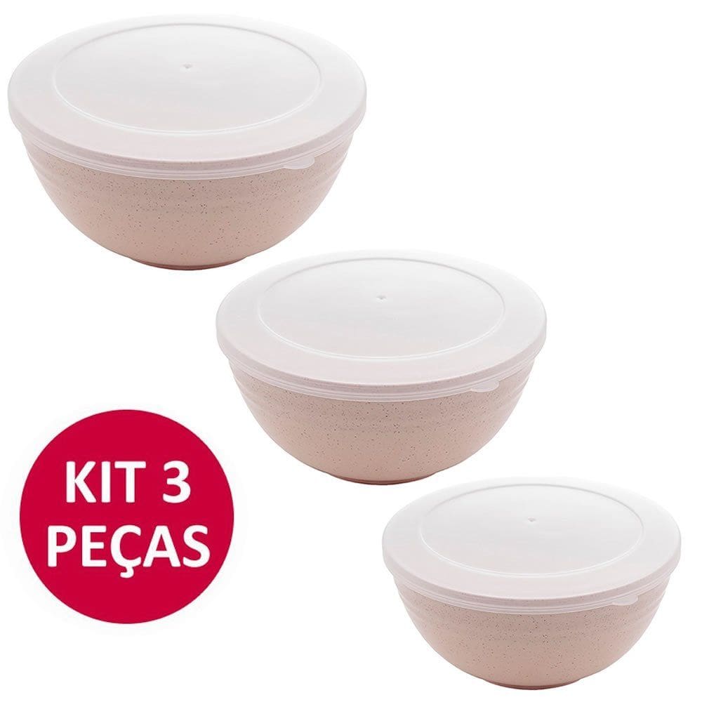Jogo 3 Potes Tigela Bowl Fibra de Bambu com Tampa Hermética Conjunto Redondo Cozinha