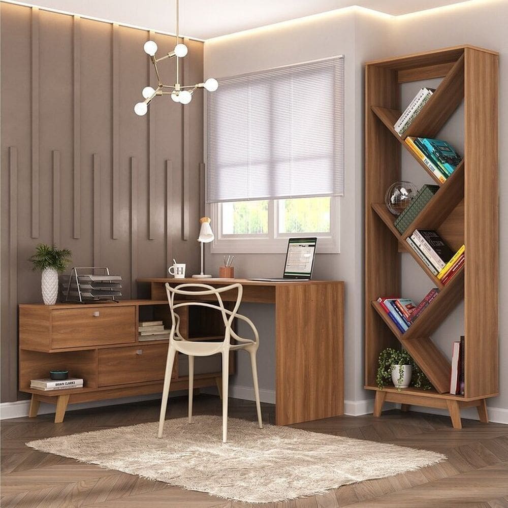 Escritório Completo Desk com Escrivaninha em L com 2 Portas e Estante para Livros Nogal