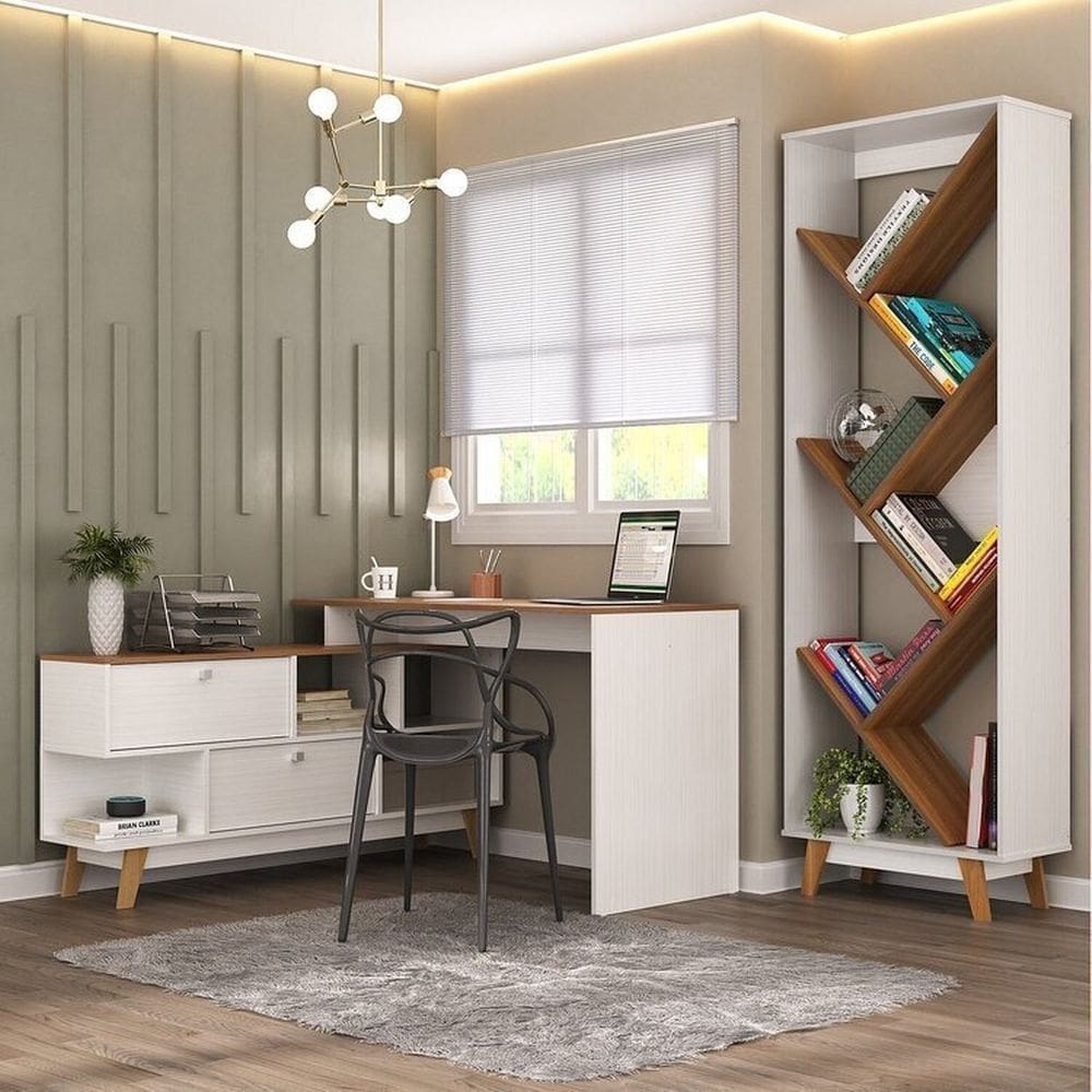 Escritório Completo Desk com Escrivaninha em L com 2 Portas e Estante para Livros Branco/Nogal