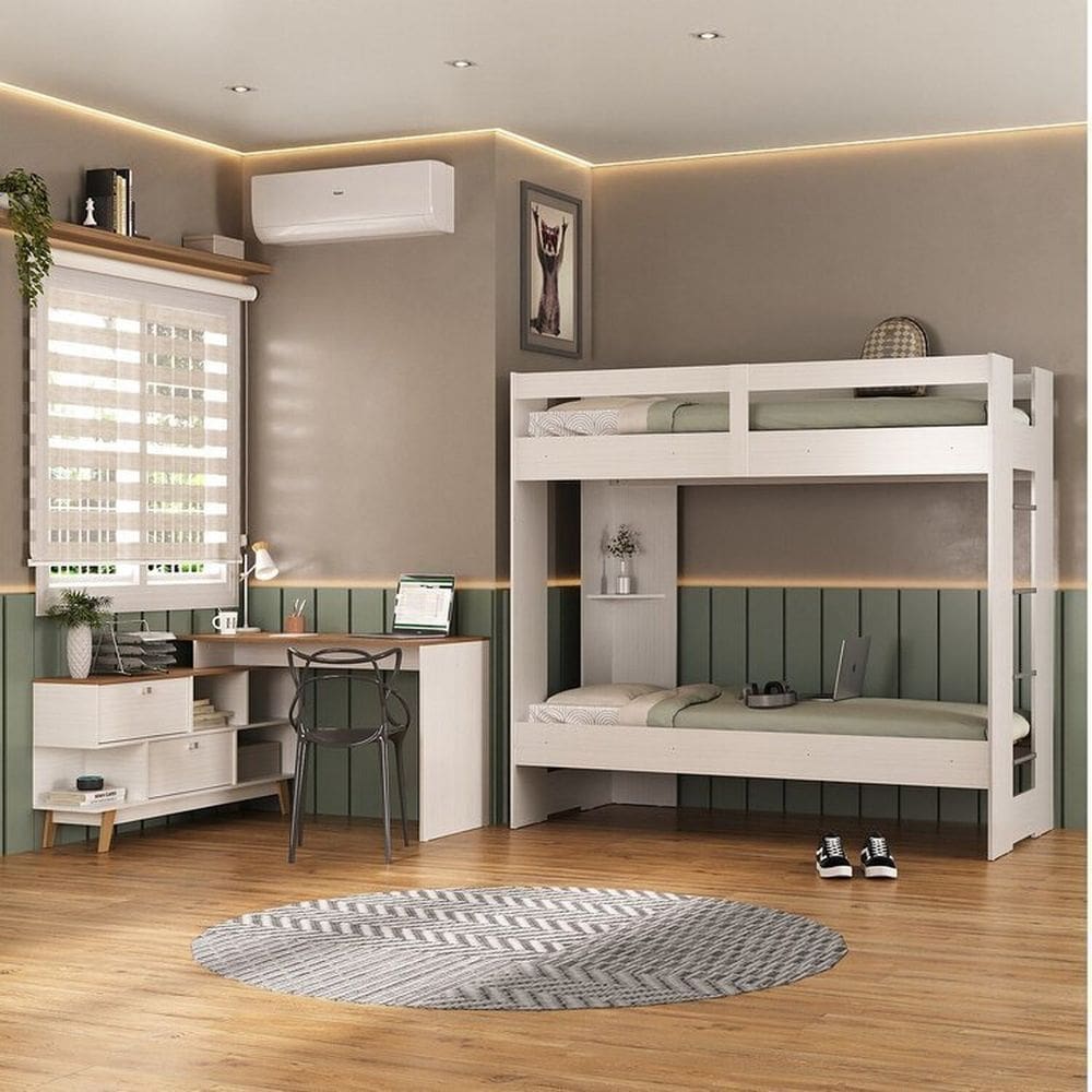 Quarto Juvenil completo Nexis com Beliche e Escrivaninha em L 2 Portas Branco/Nogal