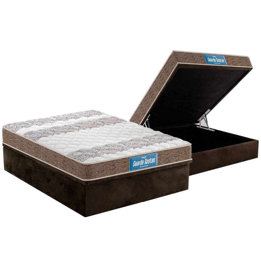 Cama Box Baú Casal: Colchão Espuma D33 Probel / EP Guarda Costas PróIntense Double Face + Base CRC Suede Brown(138x188)
