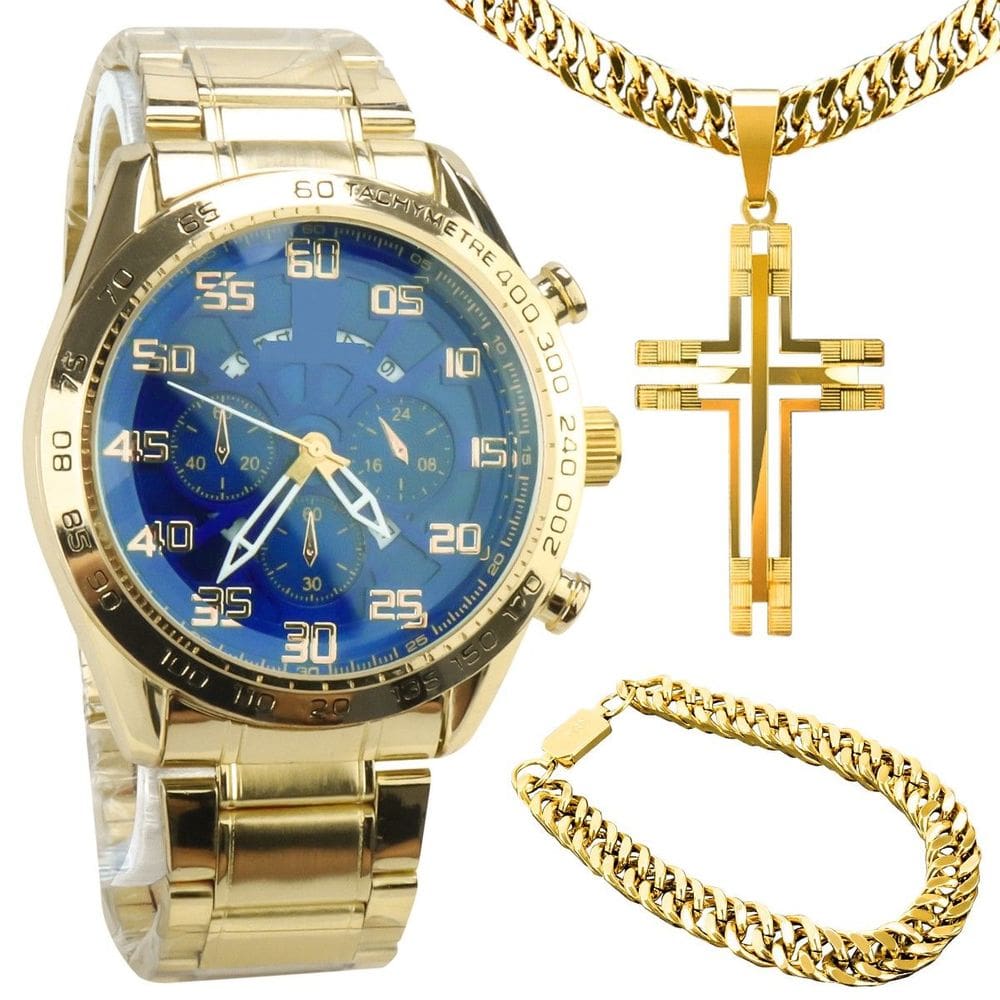relogio masculino aço banhado + pulseira + cordão grosso