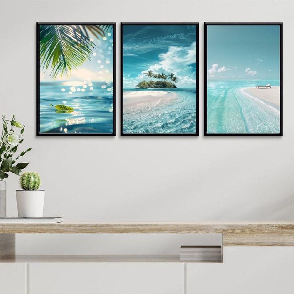 Kit 3 Quadros Decorativos Praia Paradizíaca 45X34Cm - Vidro