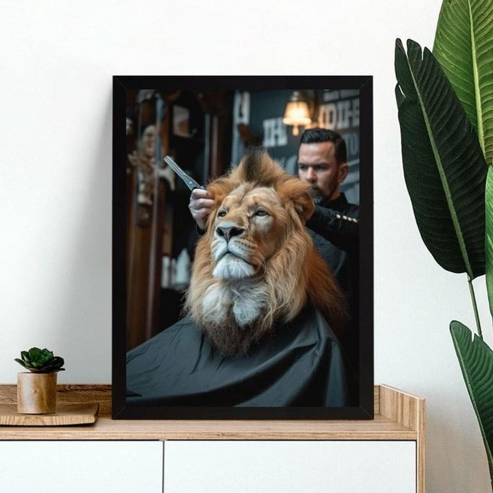 Quadro Decorativo Barbearia - Leão 45X34Cm - Com Vidro