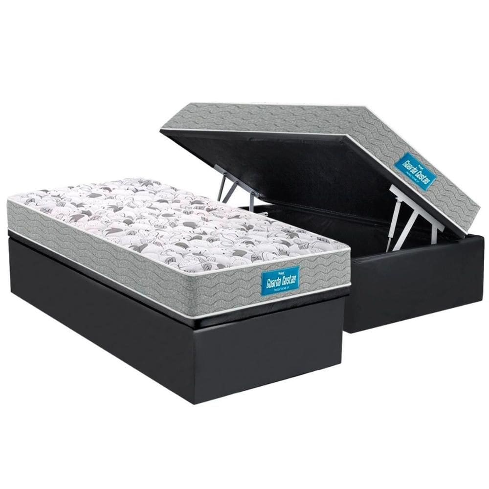 Cama Box Baú Solteiro: Colchão Espuma Probel D45 / EP Guarda Costas PróExtreme Plus Double Face + Base CRC Suede Gray(88x188)