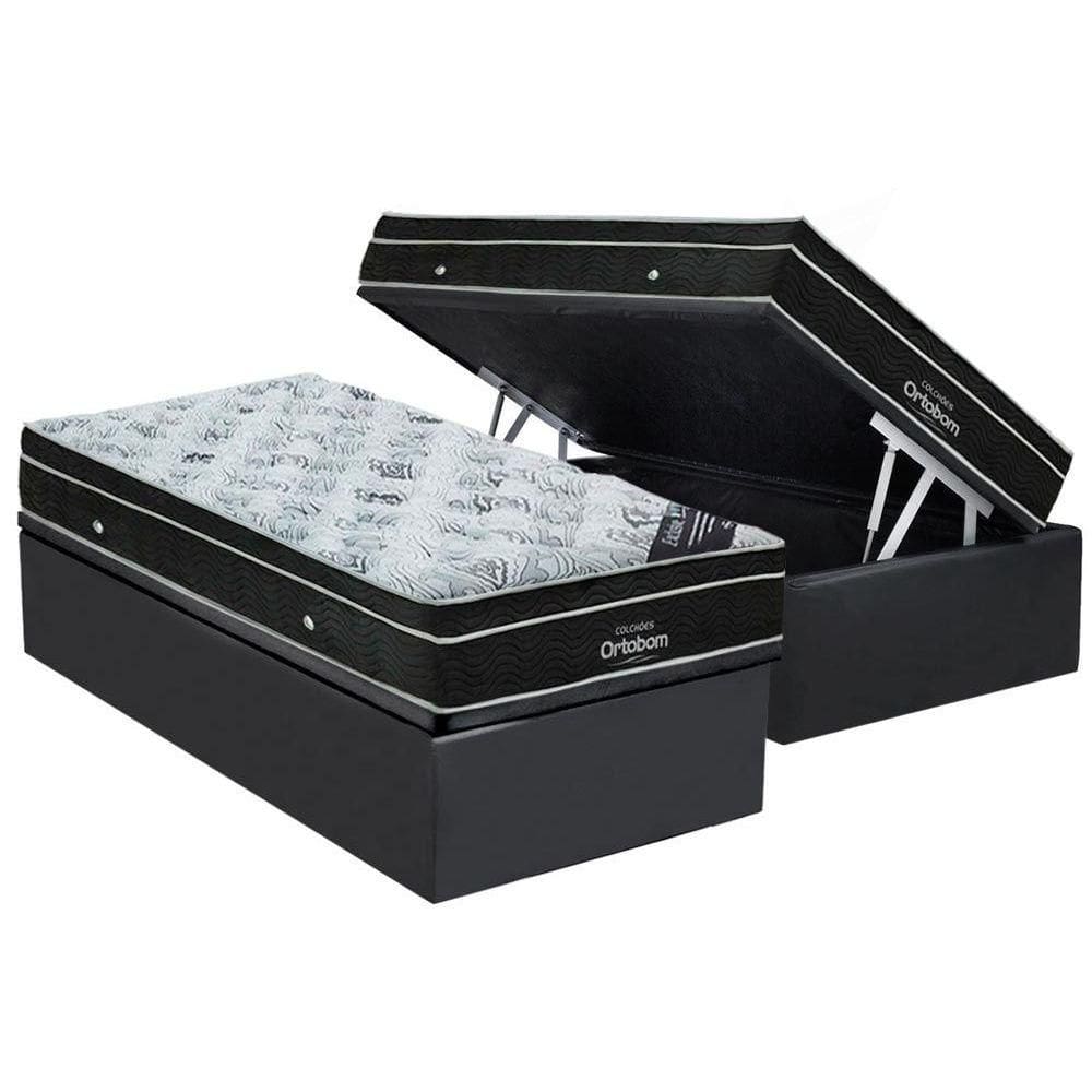 Cama Box Baú Solteiro: Colchão Molas Bonnel Ortobom Nanolastic Exclusive + Base CRC Suede Gray(88x188)