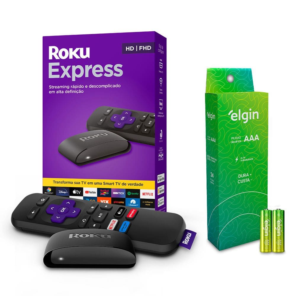 Combo Roku Express Streaming Tv + 24 Pilhas Alcalinas Aaa