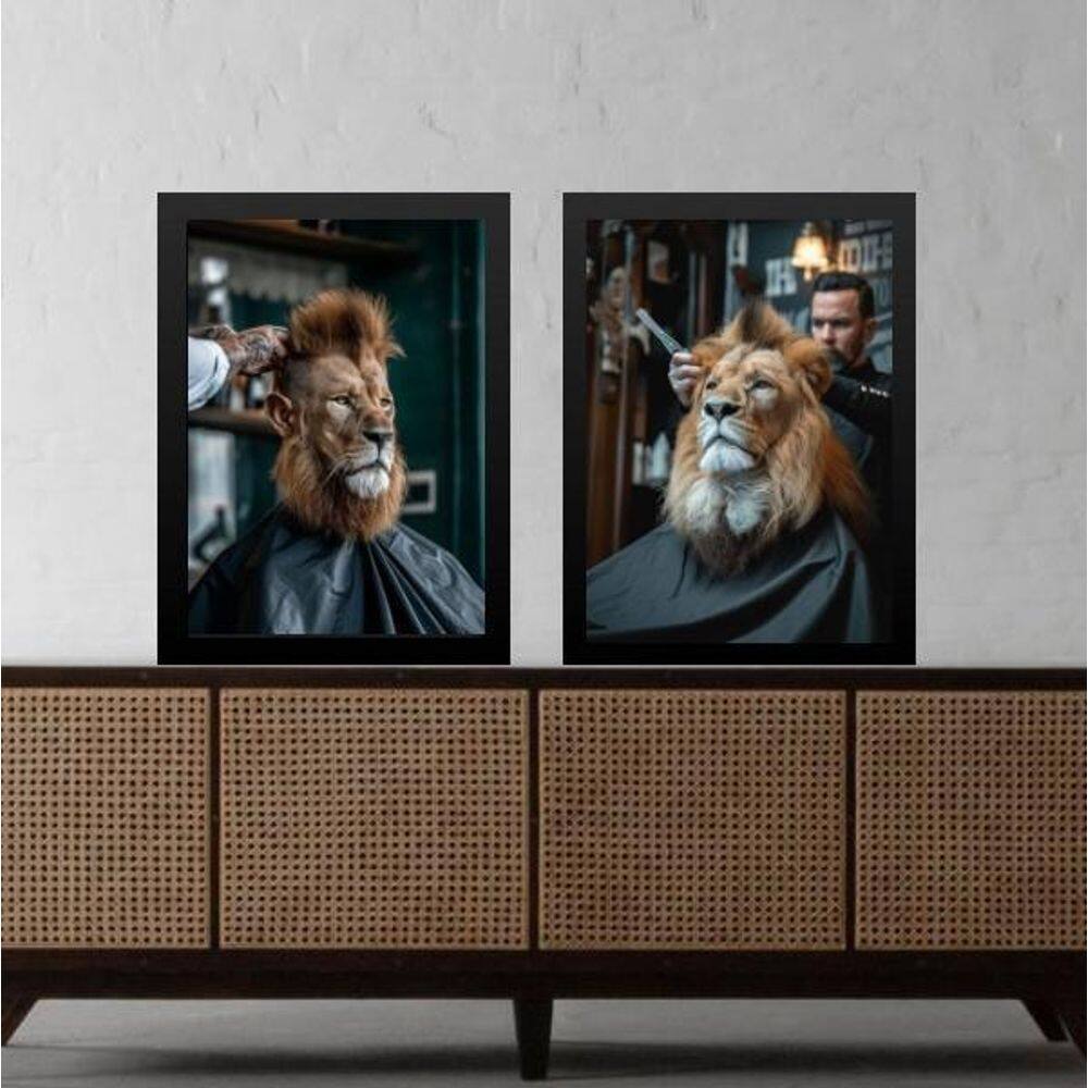 Kit 2 Quadros Decorativos Barbearia - Leão 45X34Cm