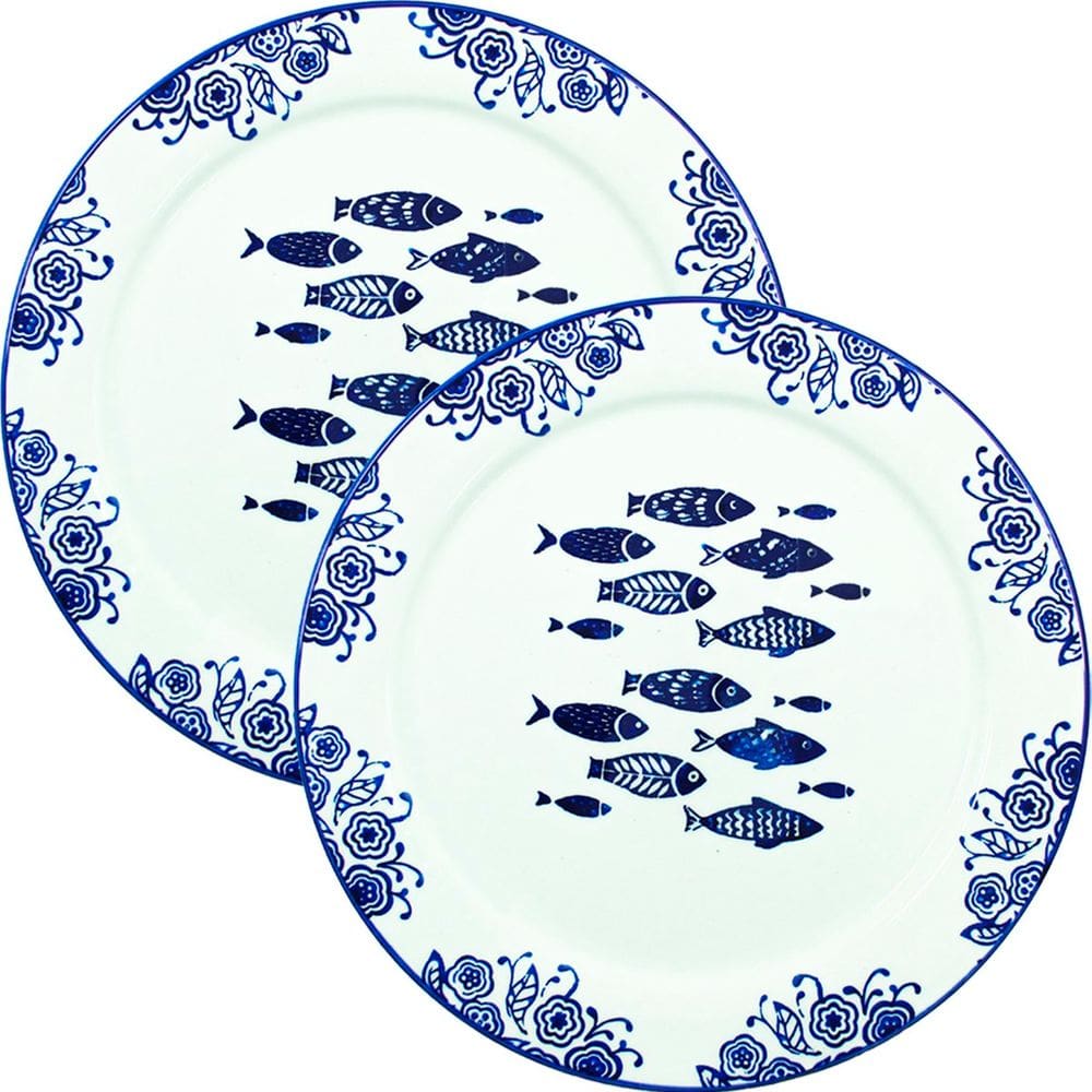 Jogo Prato Raso Jantar 8 Pessoas 8Pçs Peixe Mar Praia 31cm