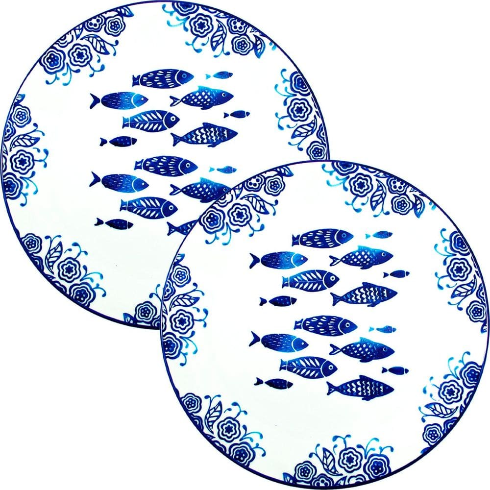 Jogo Prato Raso Jantar 10 Pessoas 10Pçs Peixe Mar Praia 26cm
