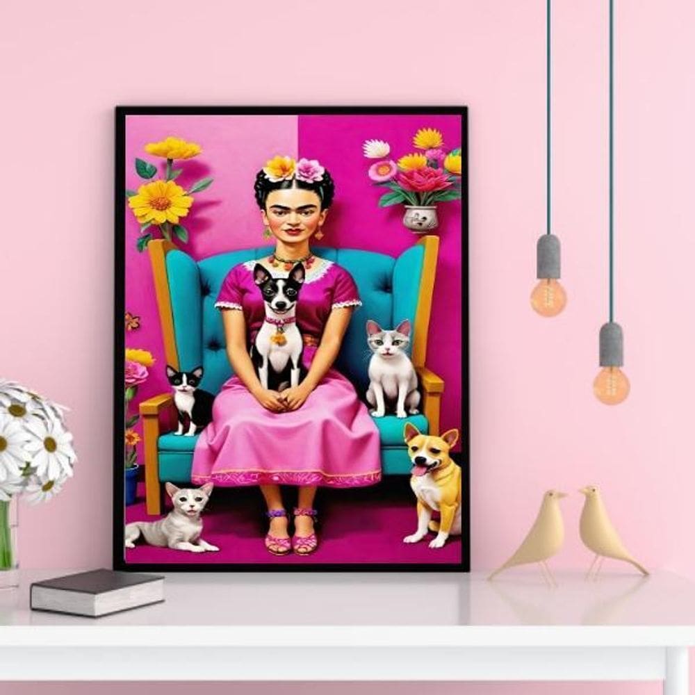 Quadro Decorativo Frida Com Cães E Gatos 45X34Cm
