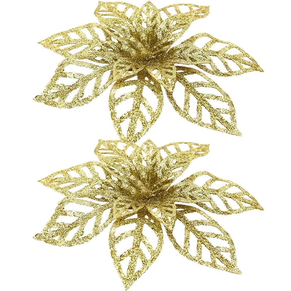 Kit 12 Flores Gliter Douradas Decoração Árvore De Natal 14cm