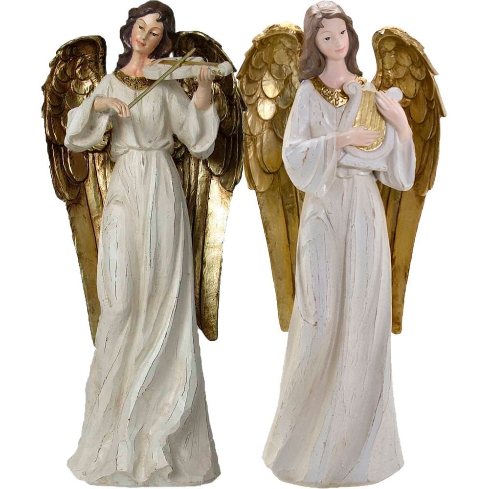 Dupla Anjos Músico Violinista Harpista Em Resina Natal 38cm