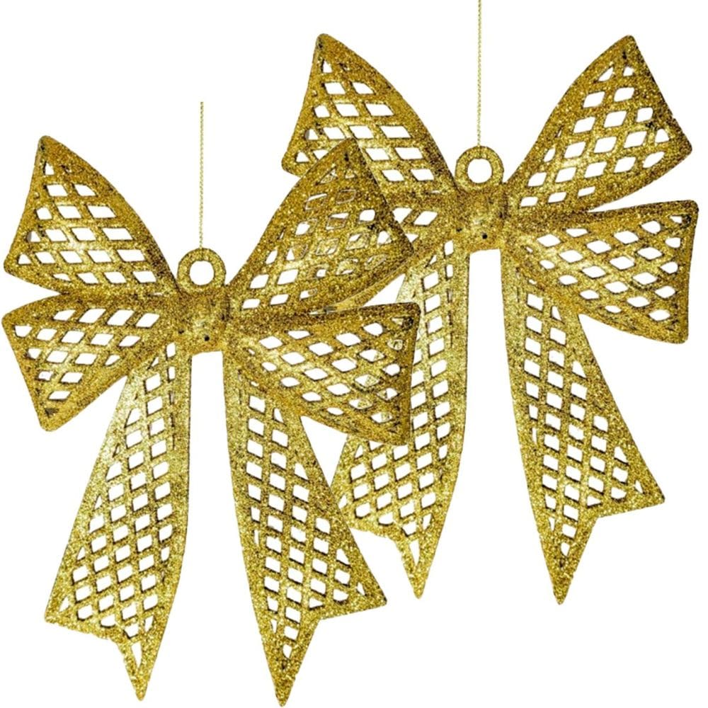 Kit 6 Enfeites Laço Dourado Glitter Árvore De Natal 24cm