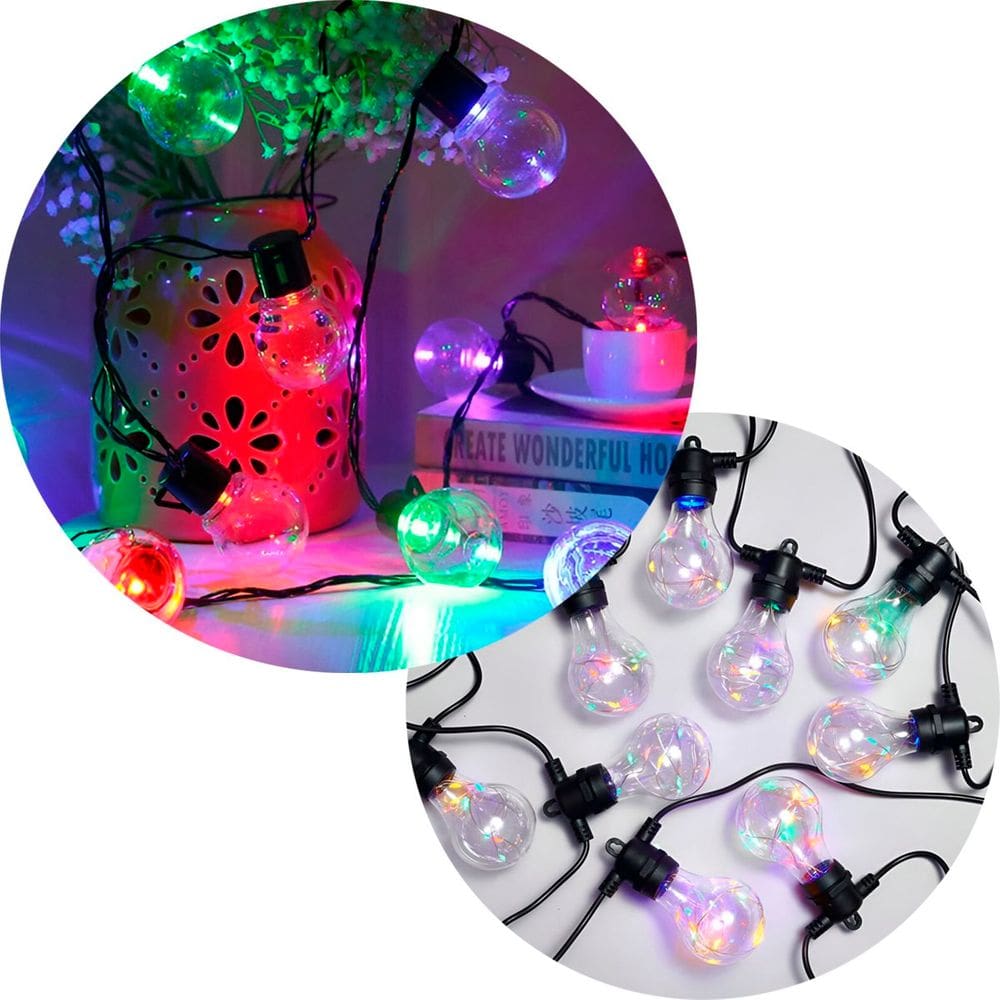 Varal De Luzes Leds Solar Bolhas Cristal Colorido 5M Jardim