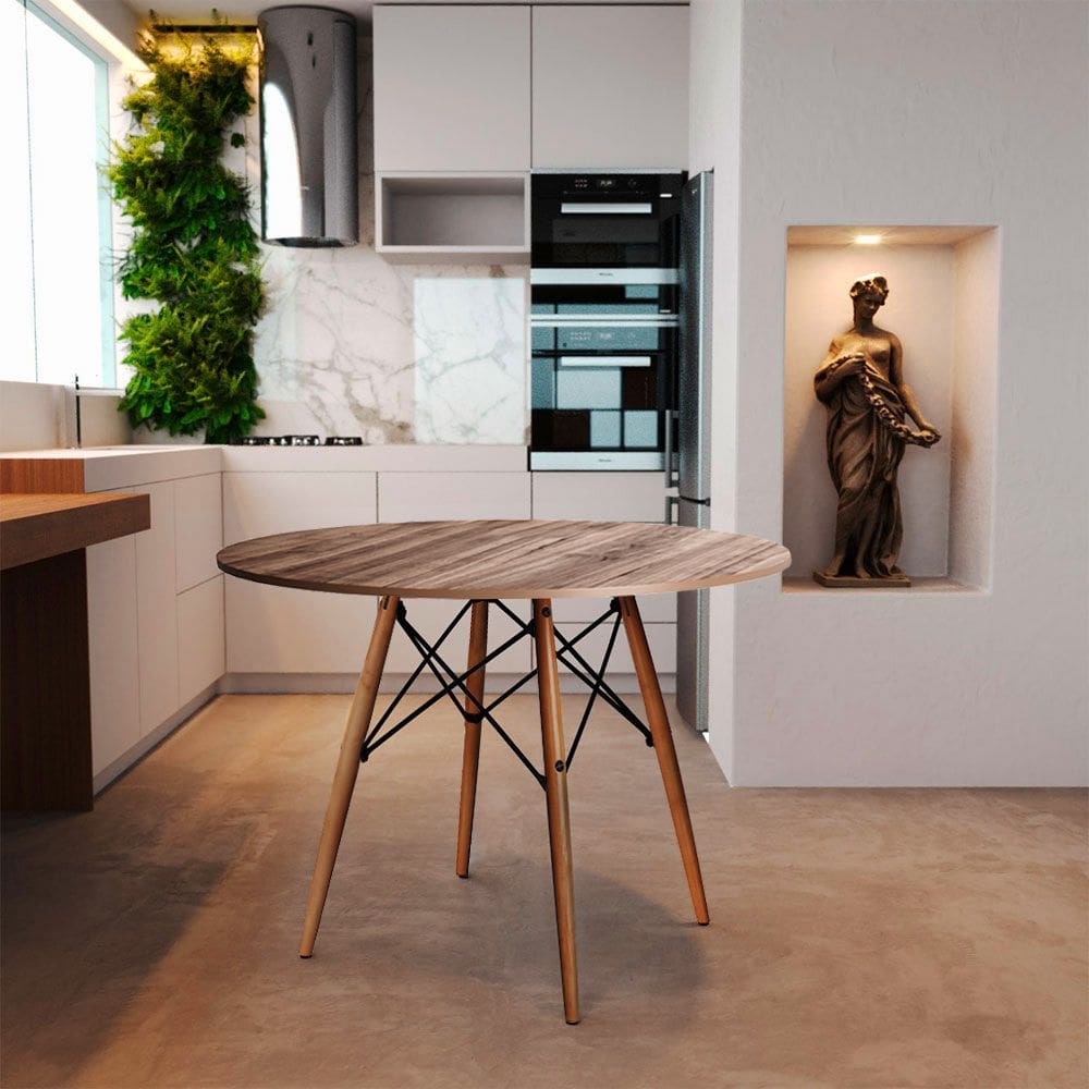 Mesa Eames Eiffel Redondo Tampo De Madeira 110cm Amêndoa