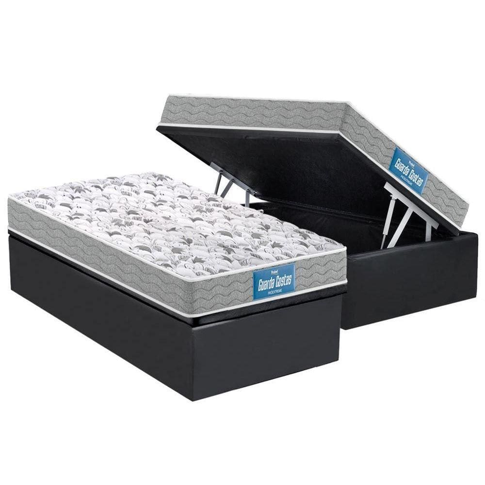 Cama Box Baú Solteiro: Colchão Espuma Probel D45 / EP Guarda Costas PróExtreme Plus Double Face + Base CRC Suede Gray(88x188)