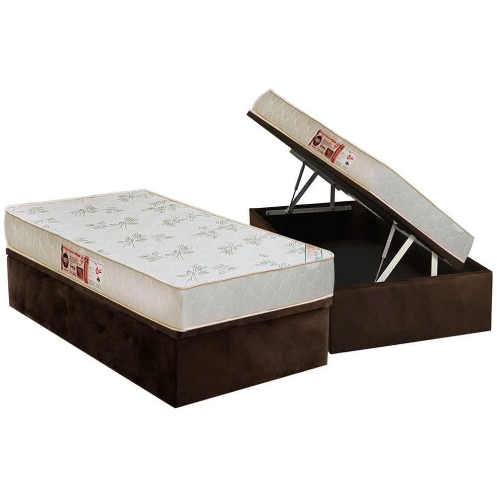 Cama Box Baú Solteiro: Colchão Espuma Castor D33 Sleep Max Relax + Base CRC Suede Brown(88x188)