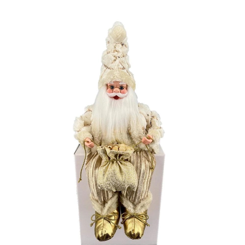 Papai Noel Sentado Musical Creme/Gold Decoração Natal 40Cm