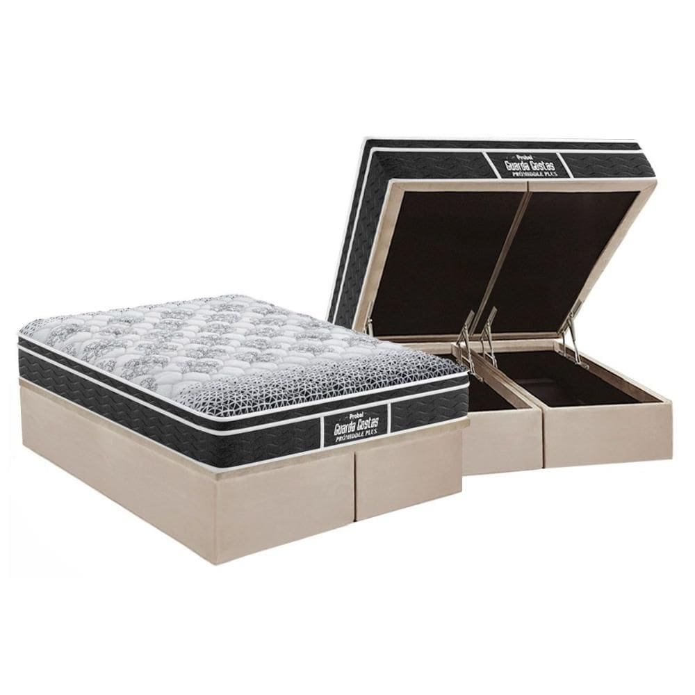 Cama Box Baú Queen: Colchão Espuma Probel D28 / EP Guarda Costas PróMiddle Plus + Base CRC Suede Clean(158x198)