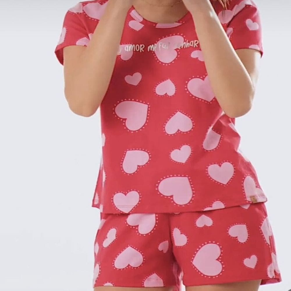 Pijama Short Doll Malha Algodão Manga Curta Mensageiro dos Sonhos Vermelho Tamanho P