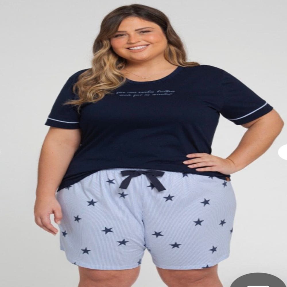 Pijama Short Doll Malha Algodão Manga Curta Mensageiro dos Sonhos Star Azul Tamanho EGG