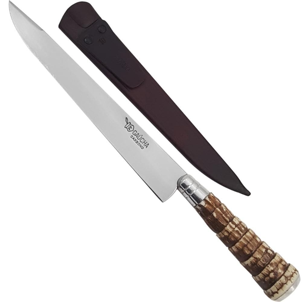 Faca Gaúcha para Churrasco 10`` Cabo Rabo de Tatu Aço Carbono 1070 e Bainha Couro