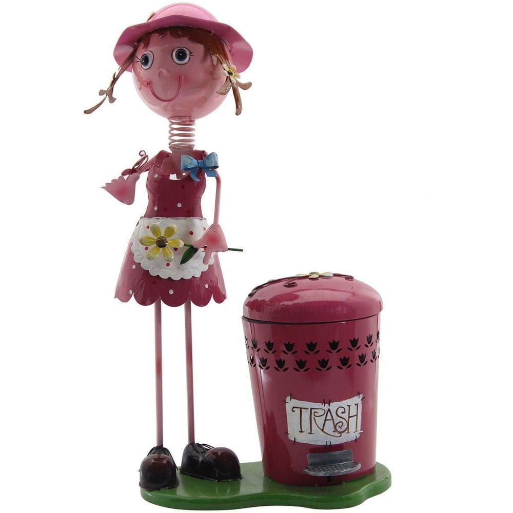 Decoração Enfeite Boneca Escultura em Metal com Lixeira Pedal Menina Pink