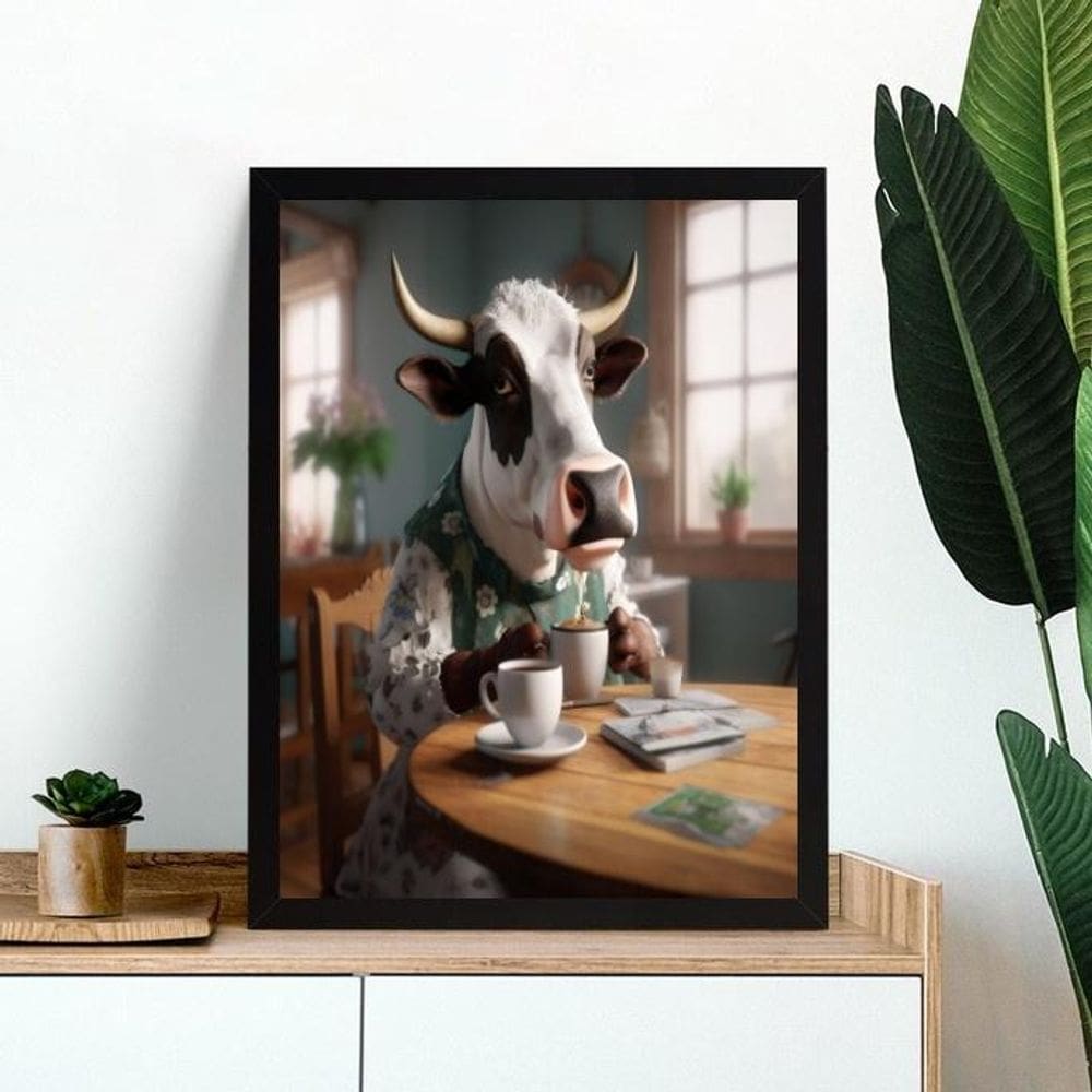 Quadro Decorativo Vaca Tomando Café 45X34Cm